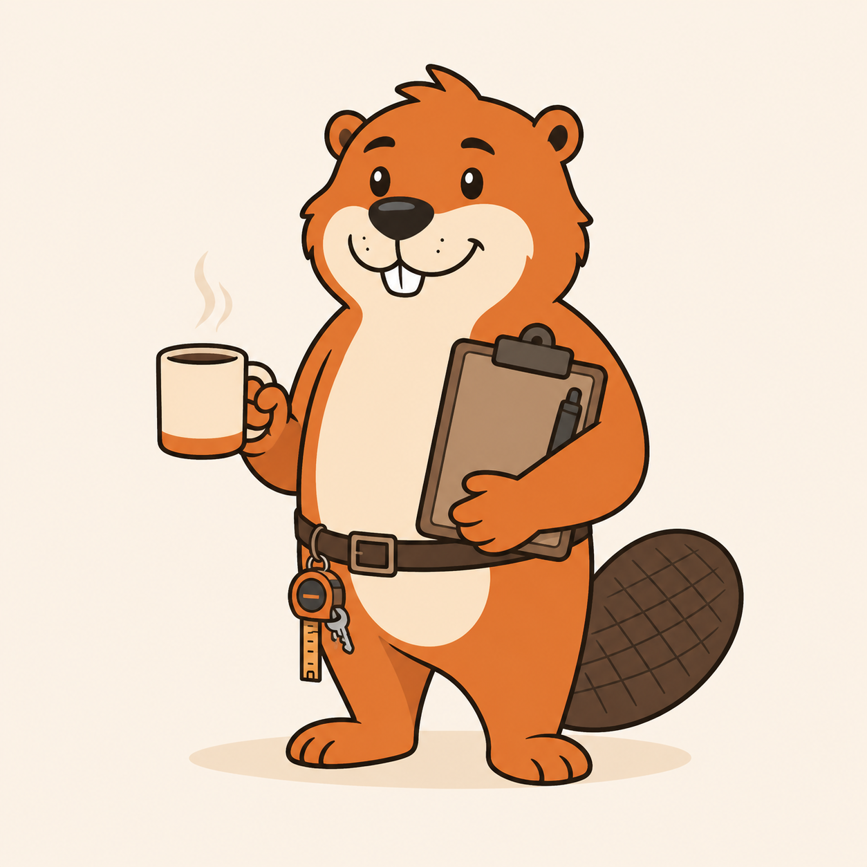 Théo, la mascotte castor de Coprio, tient un presse-papiers et une tasse de café